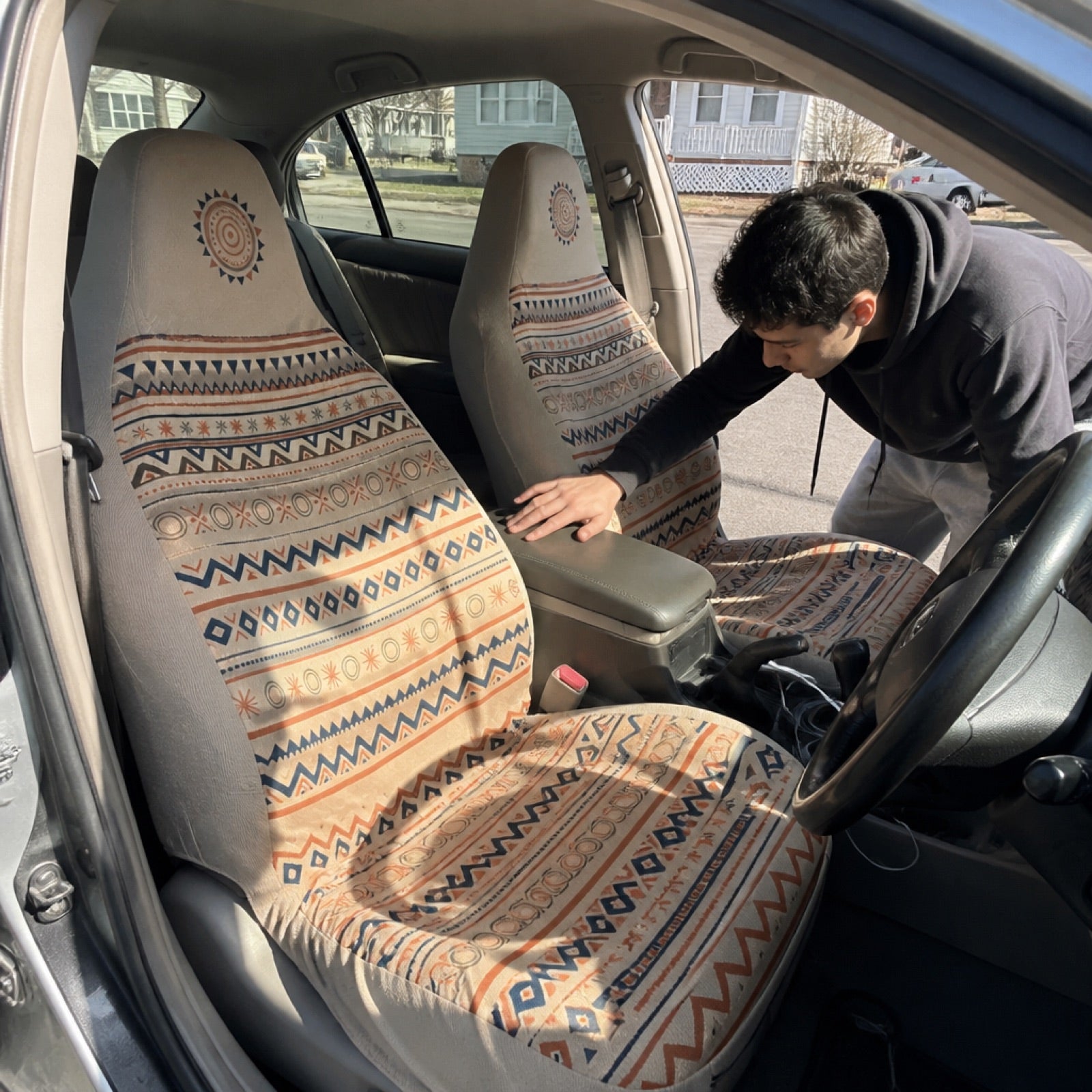 Boho seat covers installed on the front seats of a Toyota Sequoia