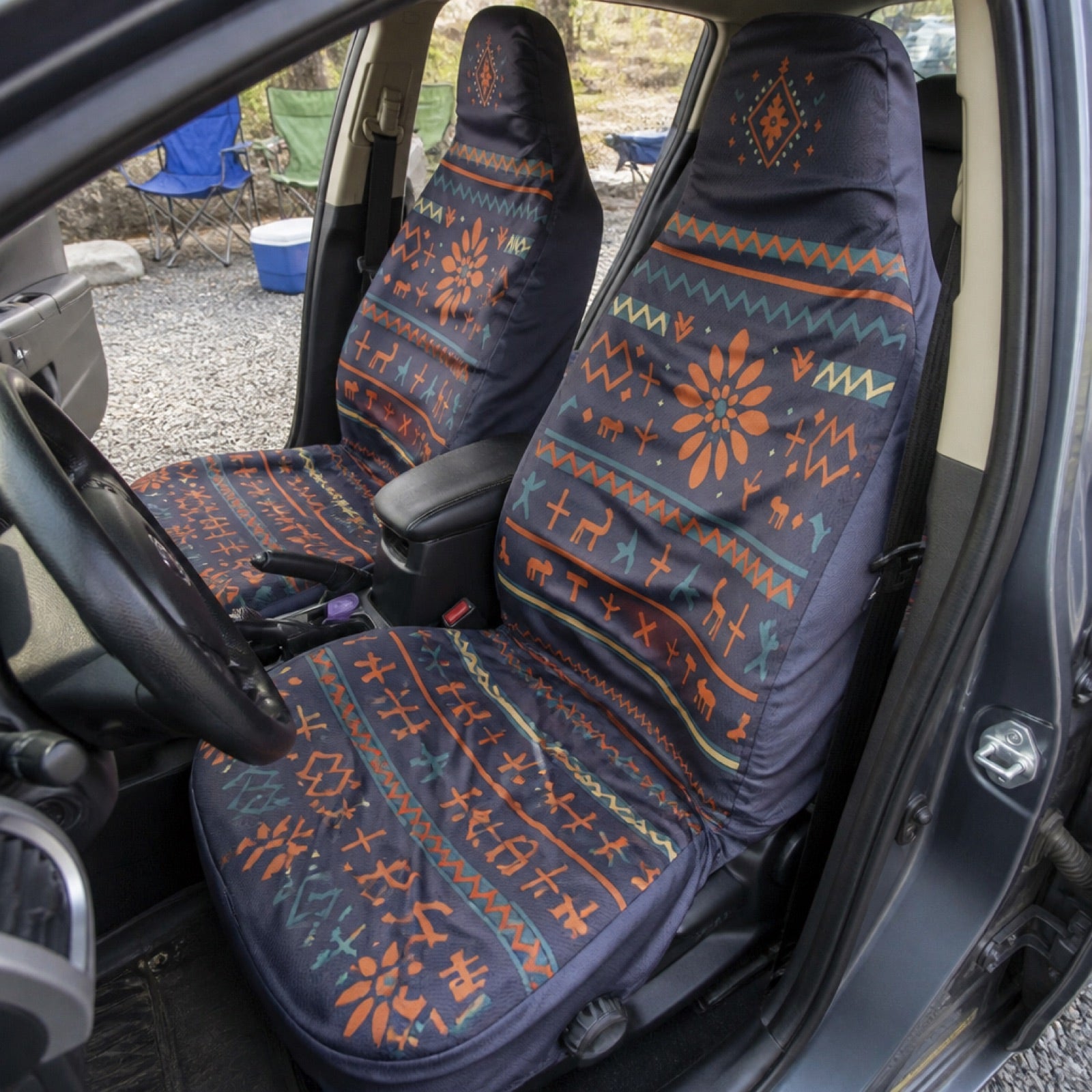 Navy folk print seat covers in a full-size truck | Solara Covers