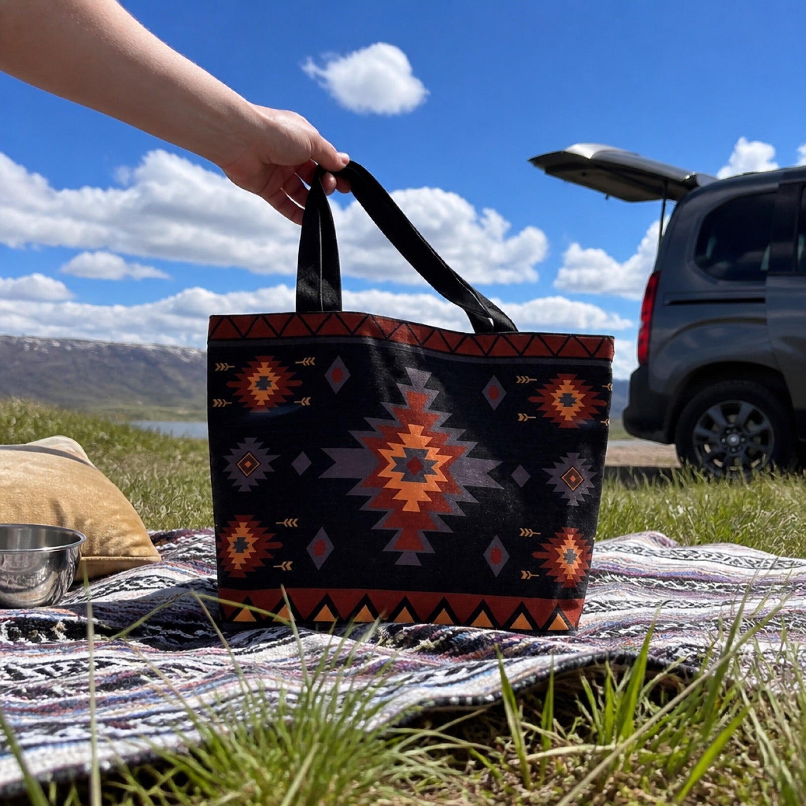 Boho tote bag packed as a travel personal item