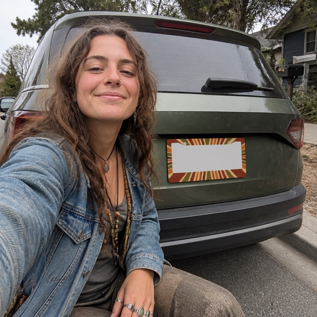 Patterned license plate frame surrounding a plate