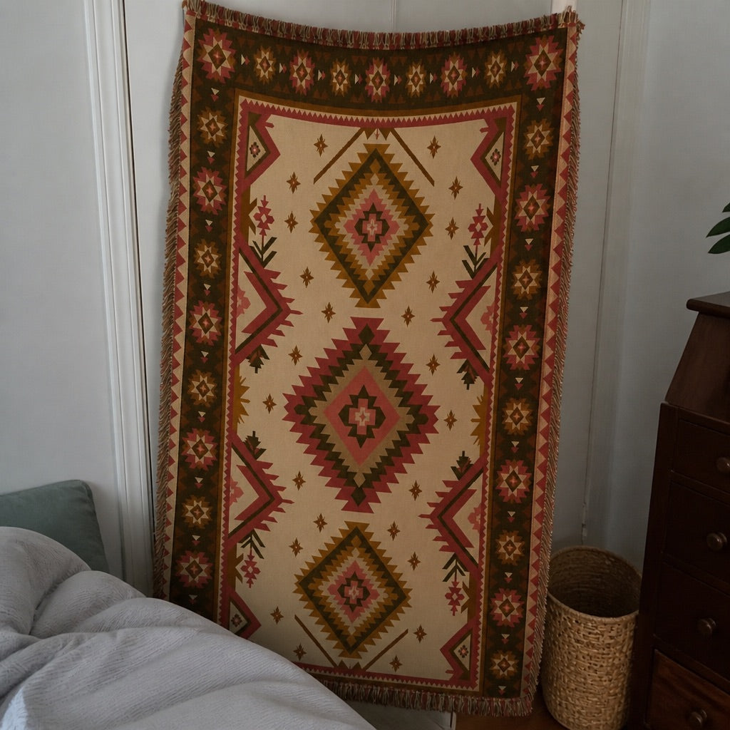 Western-pattern woven blanket draped over a couch