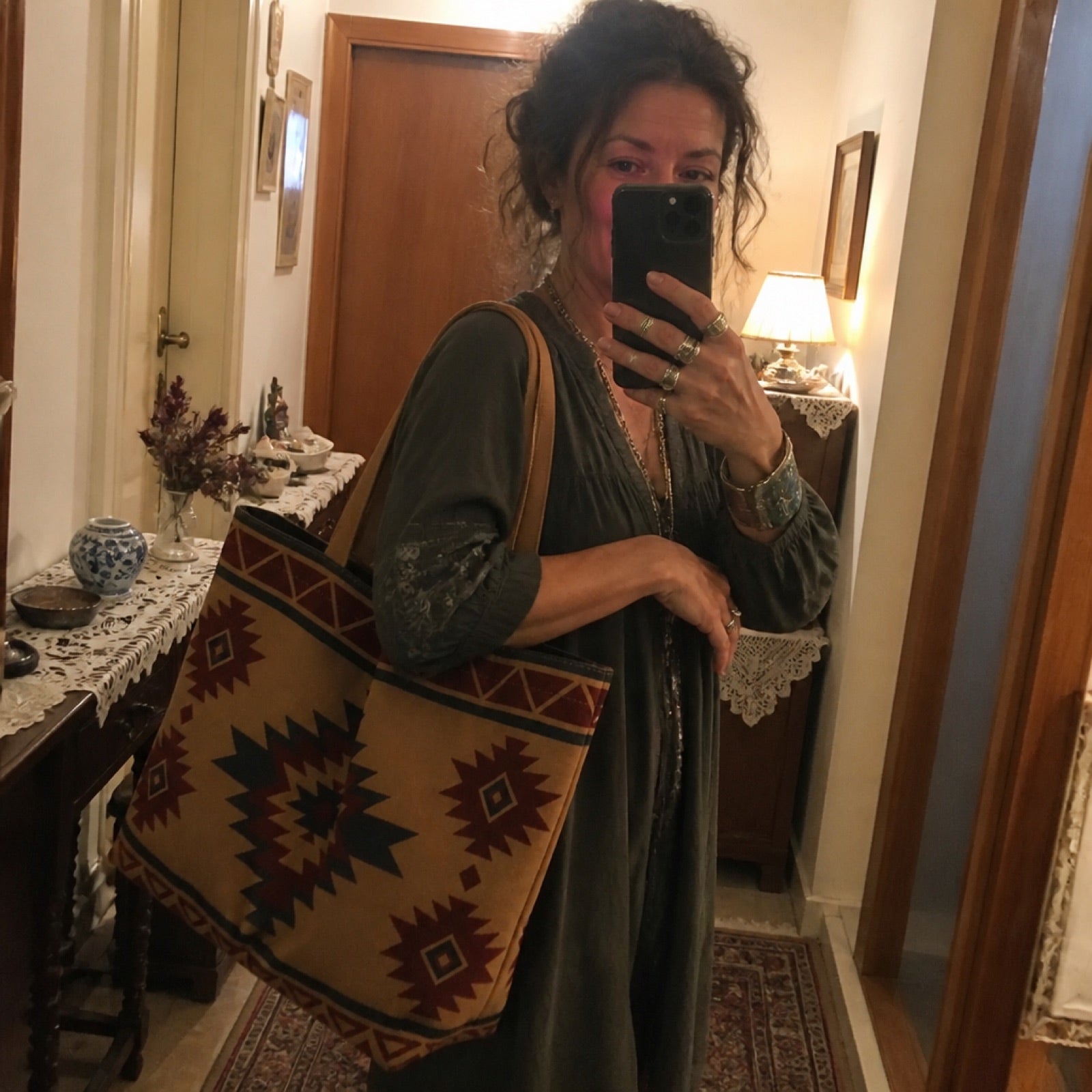 Western-pattern tote bag styled as an accessory