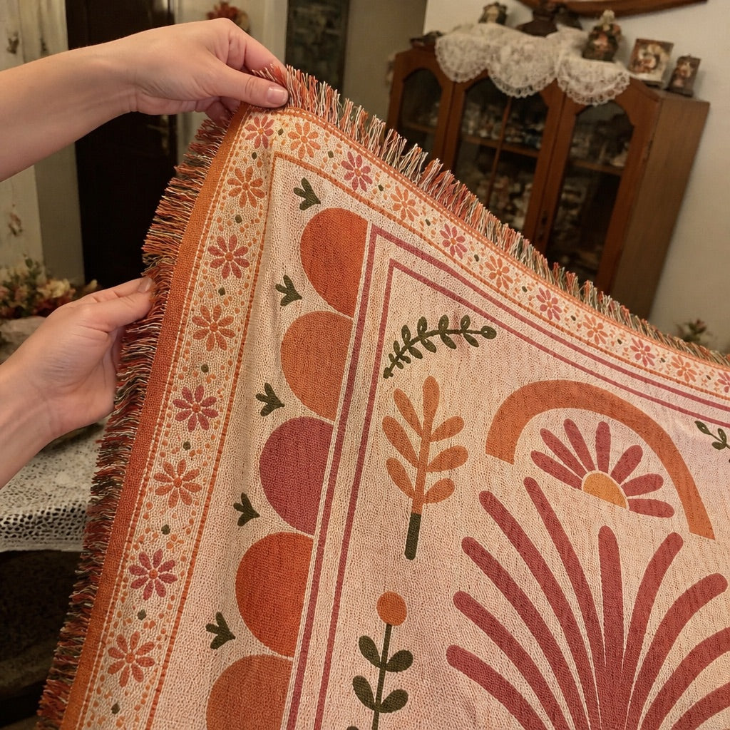 Woven boho blanket used as a yoga prop