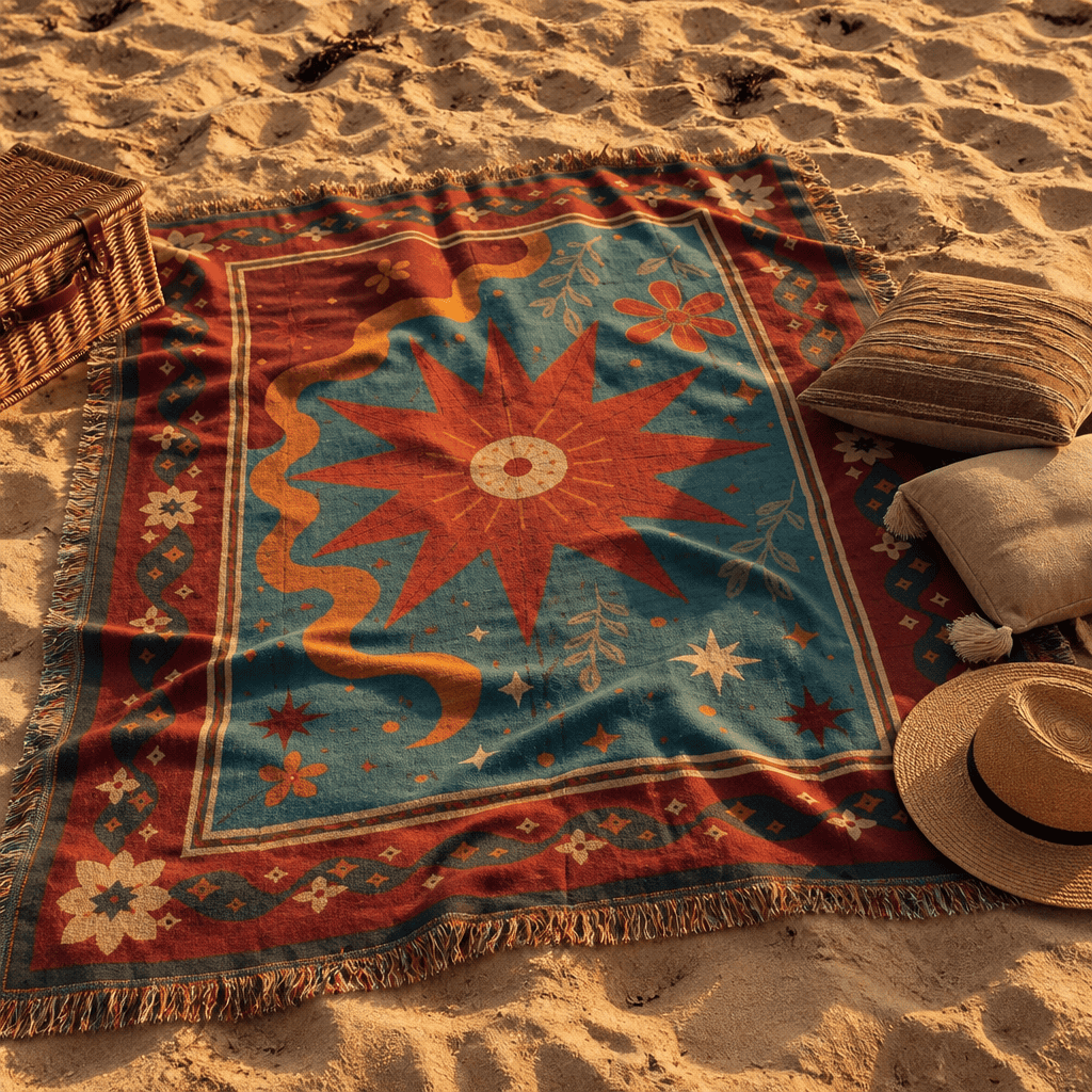 Solstice jacquard woven throw rug — celestial sun and moon pattern detail | Solara Covers