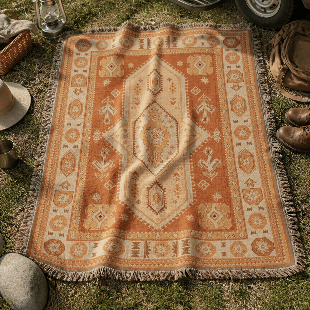 Kasbah jacquard woven throw rug — terracotta medallion, fringe detail | Solara Covers