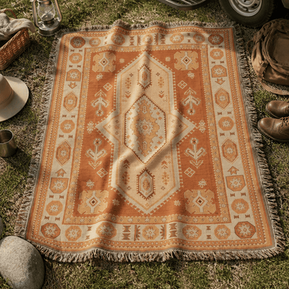 Kasbah jacquard woven throw rug — terracotta medallion, fringe detail | Solara Covers