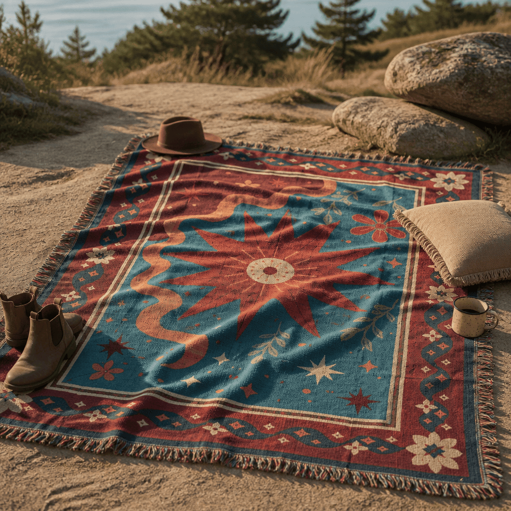 Solstice jacquard woven throw rug — deep teal celestial print, fringe detail | Solara Covers