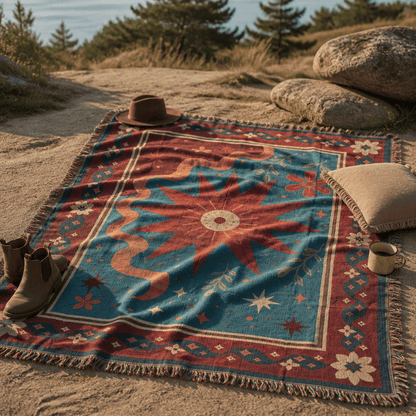 Solstice jacquard woven throw rug — deep teal celestial print, fringe detail | Solara Covers