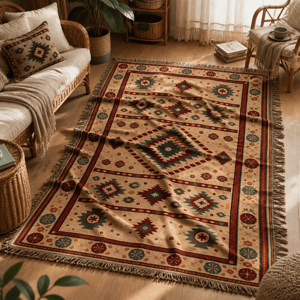 Indigo jacquard woven throw rug — camel and rust kilim, fringe detail | Solara Covers