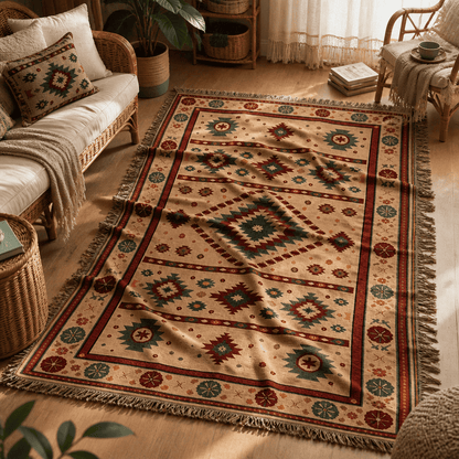 Indigo jacquard woven throw rug — camel and rust kilim, fringe detail | Solara Covers