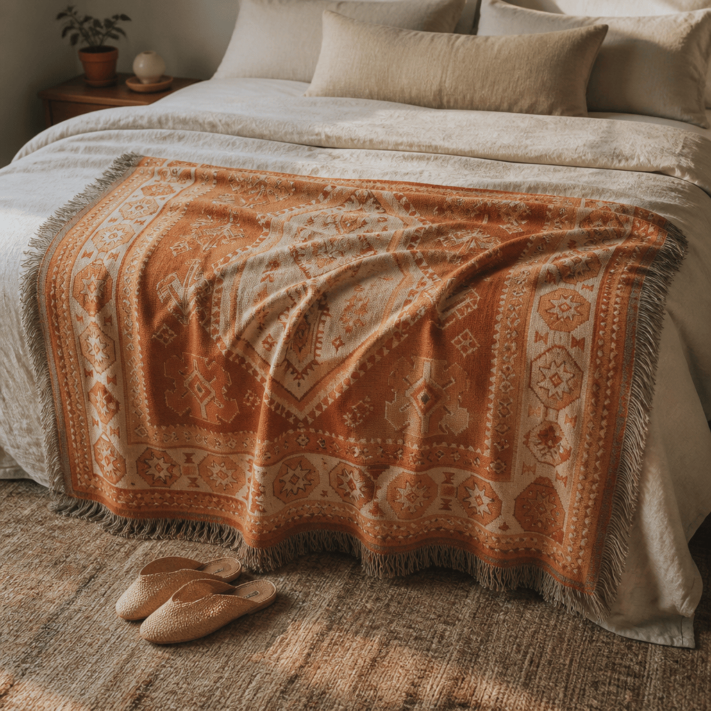 Kasbah jacquard woven throw rug — Persian boho rug styled lifestyle shot | Solara Covers