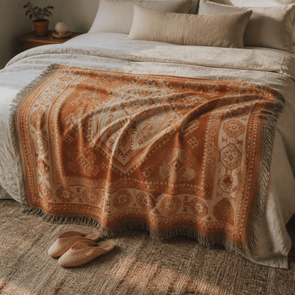 Kasbah jacquard woven throw rug — Persian boho rug styled lifestyle shot | Solara Covers