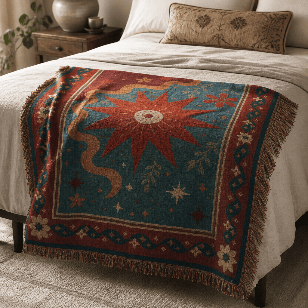 Solstice jacquard woven throw rug — celestial boho rug styled lifestyle shot | Solara Covers
