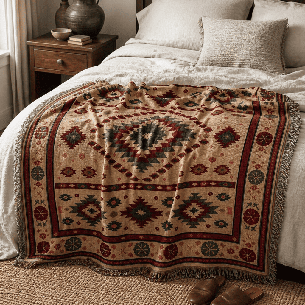 Indigo jacquard woven throw rug — woven texture close-up | Solara Covers