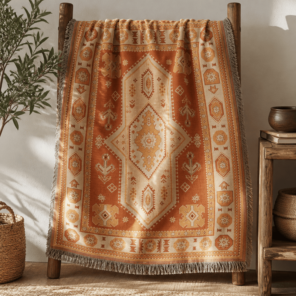 Kasbah jacquard woven throw rug — terracotta medallion rug outdoor lifestyle shot | Solara Covers