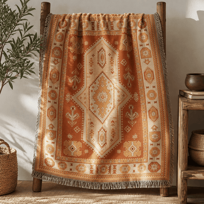 Kasbah jacquard woven throw rug — terracotta medallion rug outdoor lifestyle shot | Solara Covers