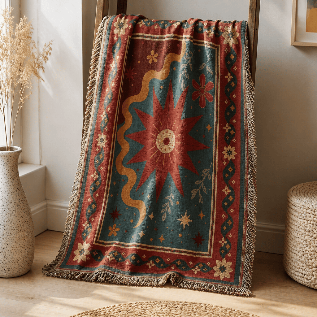 Solstice jacquard woven throw rug — sun and moon rug outdoor lifestyle shot | Solara Covers