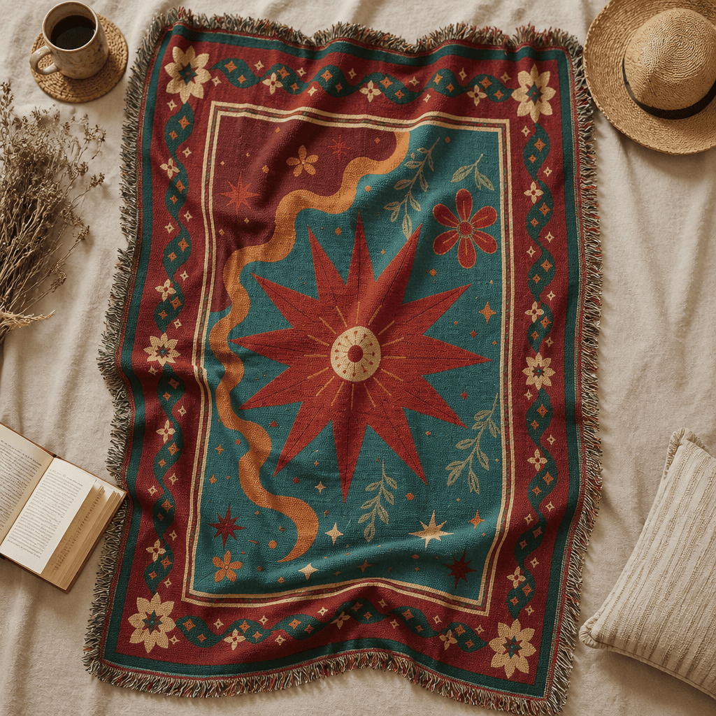 Solstice jacquard woven throw rug — celestial sun and moon, alternate angle | Solara Covers