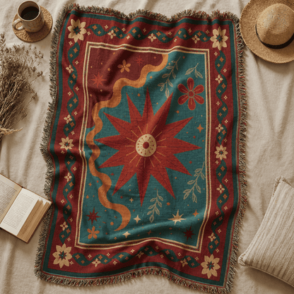 Solstice jacquard woven throw rug — celestial sun and moon, alternate angle | Solara Covers