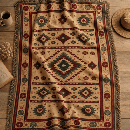 Indigo jacquard woven throw rug — Berber kilim rug styled lifestyle shot | Solara Covers