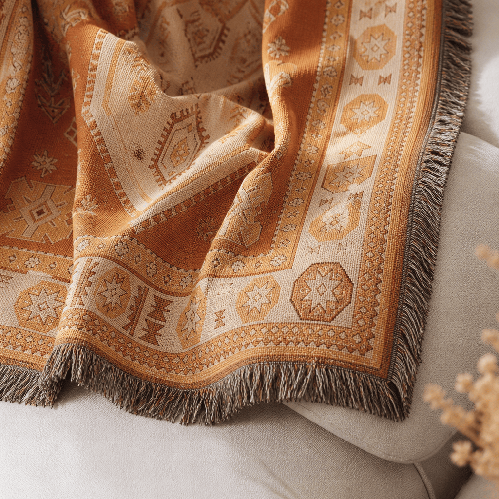 Kasbah jacquard woven throw rug — terracotta medallion, alternate angle | Solara Covers