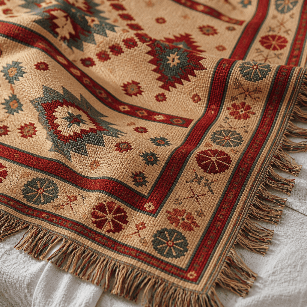 Indigo jacquard woven throw rug — camel kilim rug outdoor lifestyle shot | Solara Covers