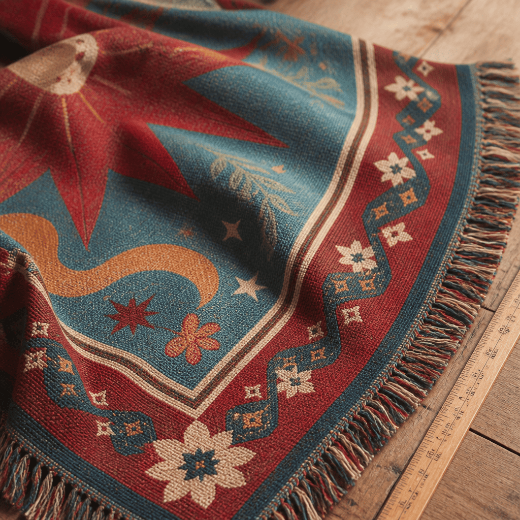 Solstice jacquard woven throw rug — fringed corner detail | Solara Covers