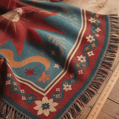 Solstice jacquard woven throw rug — fringed corner detail | Solara Covers
