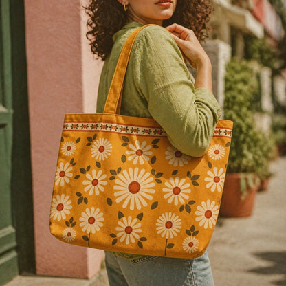 Daisy mustard daisy-print tote bag carried over the shoulder on a sunny street