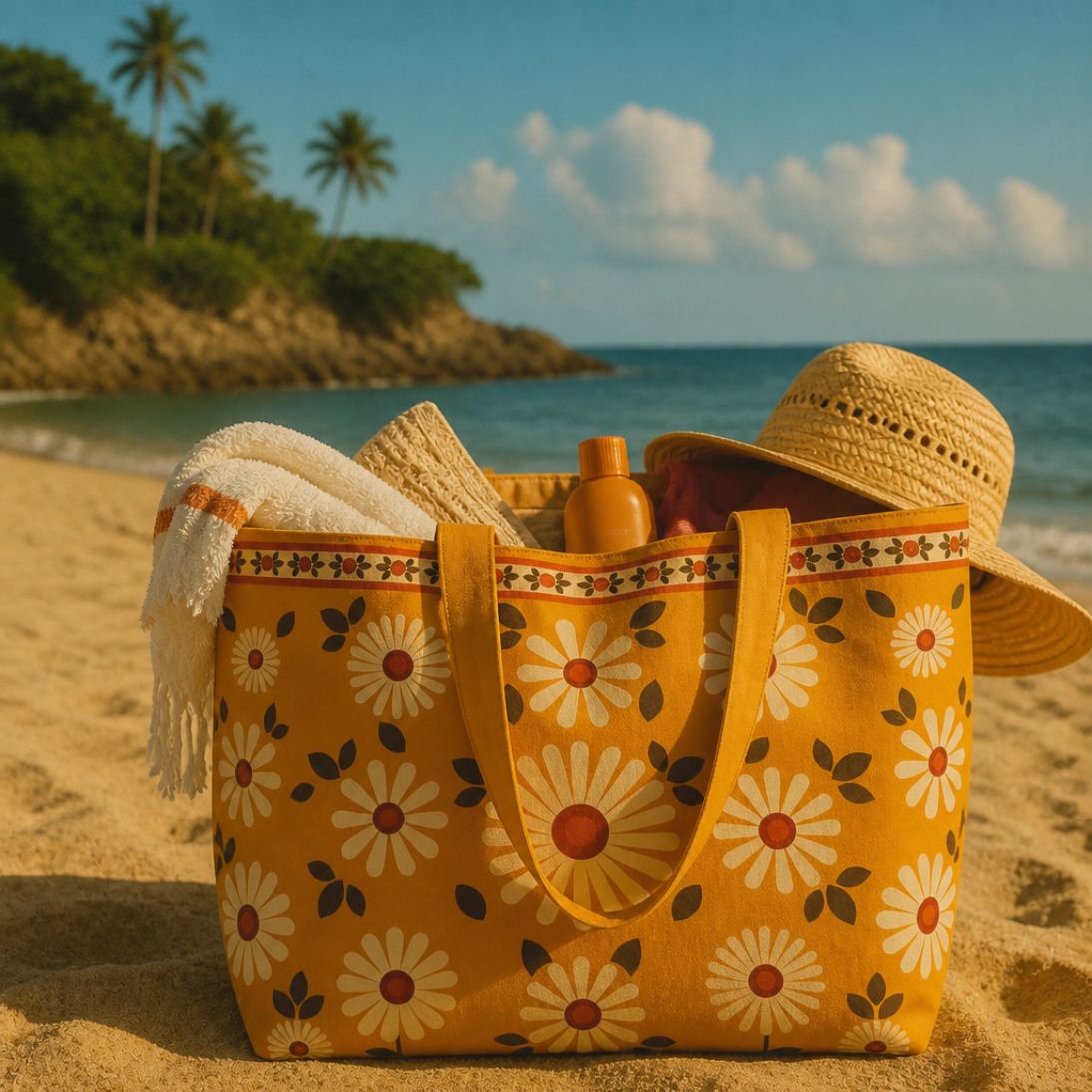 Daisy tote bag on the beach packed with a towel, sun hat and sunscreen