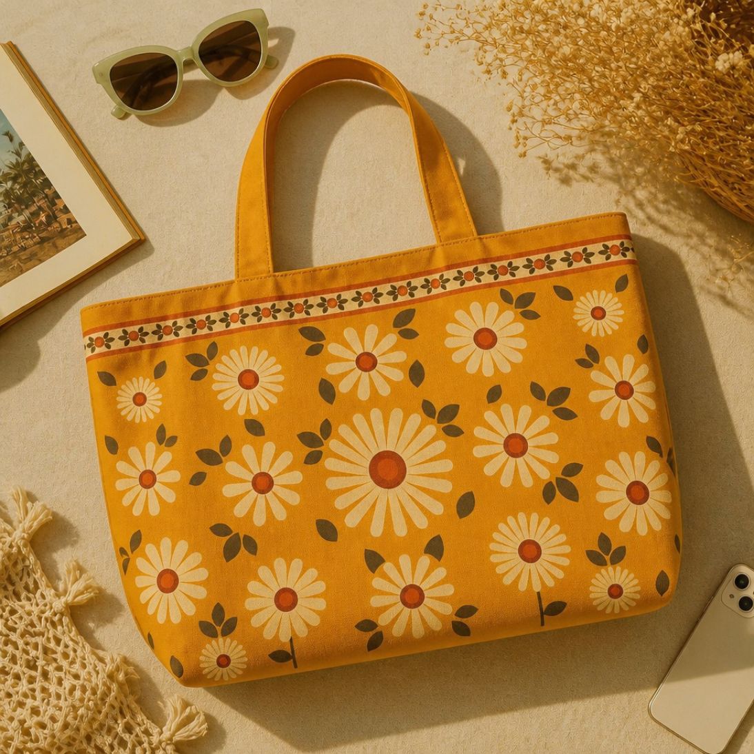 Daisy tote bag flat lay with sunglasses and dried flowers — retro daisy print on mustard