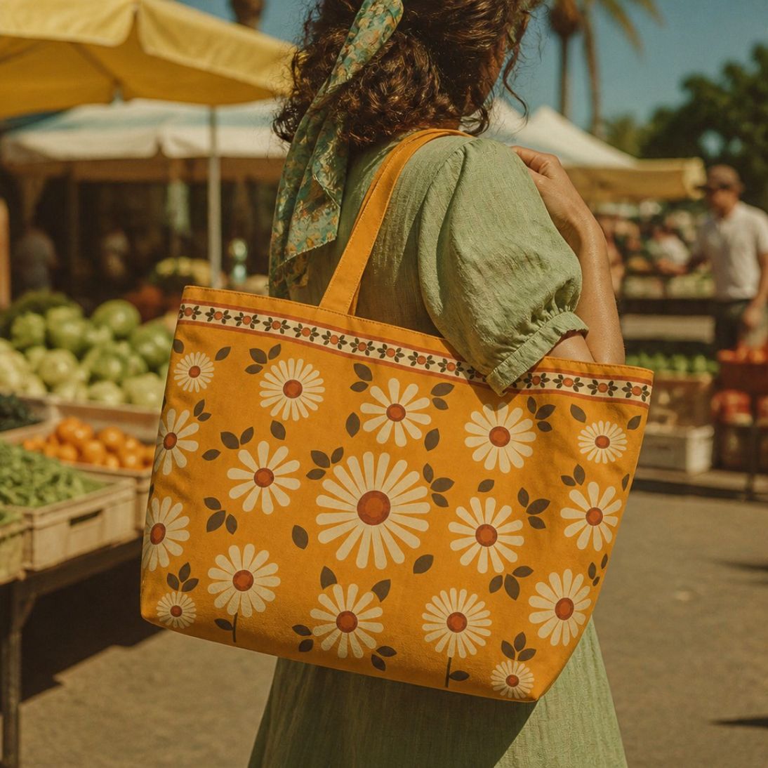 Daisy tote bag at the farmers market, carried by a shopper in a green dress