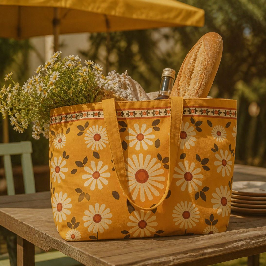 Daisy tote bag on a garden table filled with flowers and a baguette