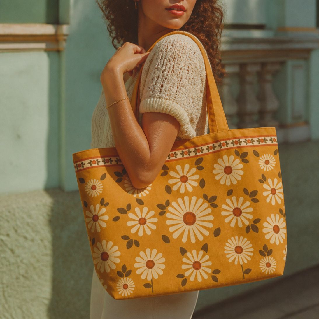 Daisy mustard tote bag over the shoulder against a mint-green wall