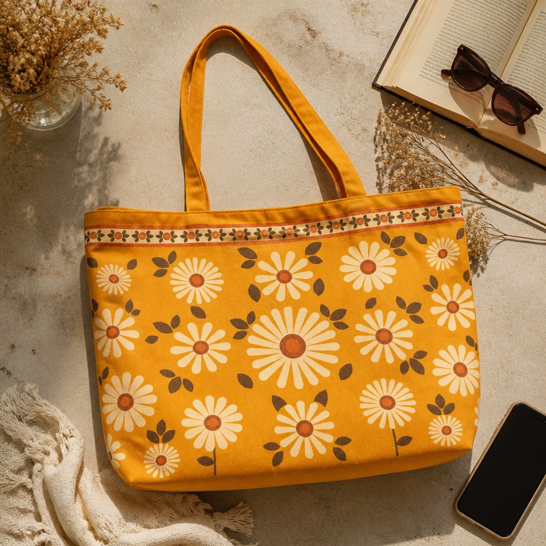 Daisy tote bag styled flat lay with a book and sunglasses
