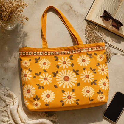 Daisy tote bag styled flat lay with a book and sunglasses