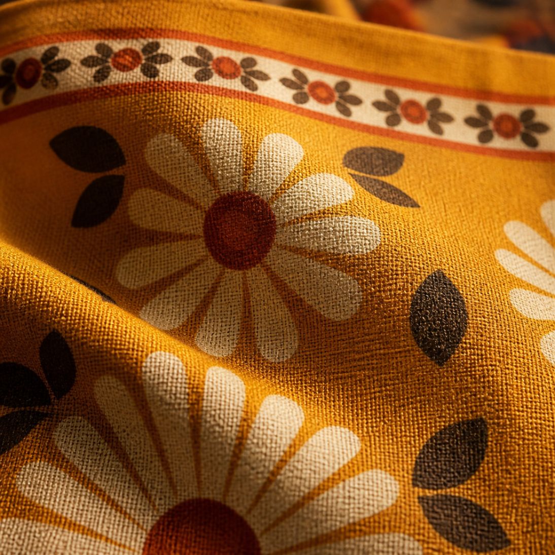 Macro detail of the Daisy print — cream daisies with rust centers on mustard canvas
