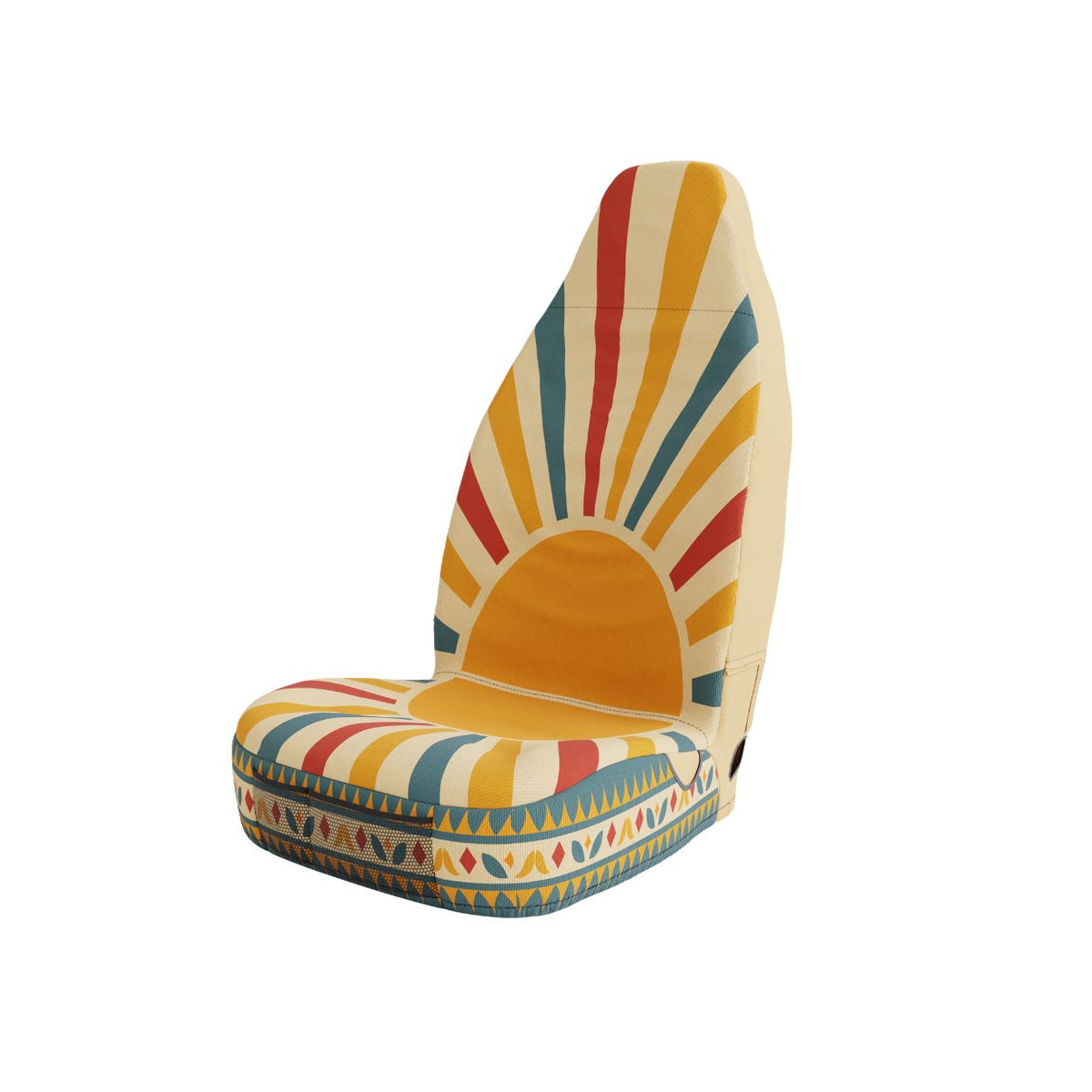 Solara Aurora universal seat cover — mustard and teal sunrise print, side view