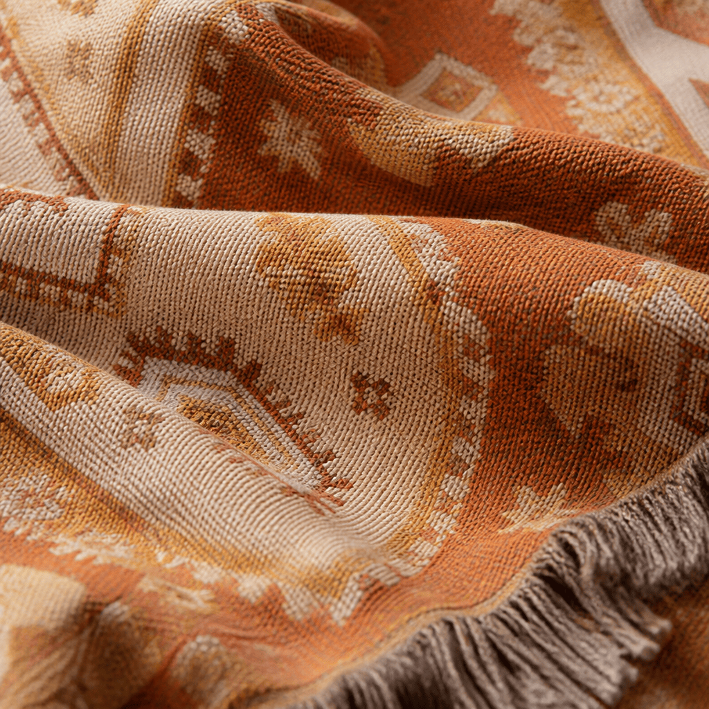 Kasbah jacquard woven throw rug — fringed corner detail | Solara Covers