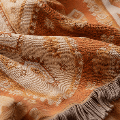 Kasbah jacquard woven throw rug — fringed corner detail | Solara Covers