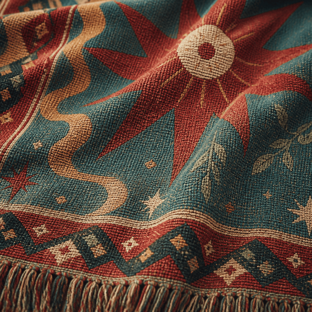 Solstice jacquard woven throw rug — rolled view with fringed edges | Solara Covers
