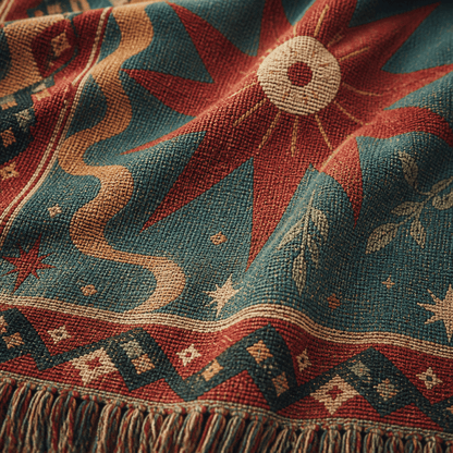 Solstice jacquard woven throw rug — rolled view with fringed edges | Solara Covers