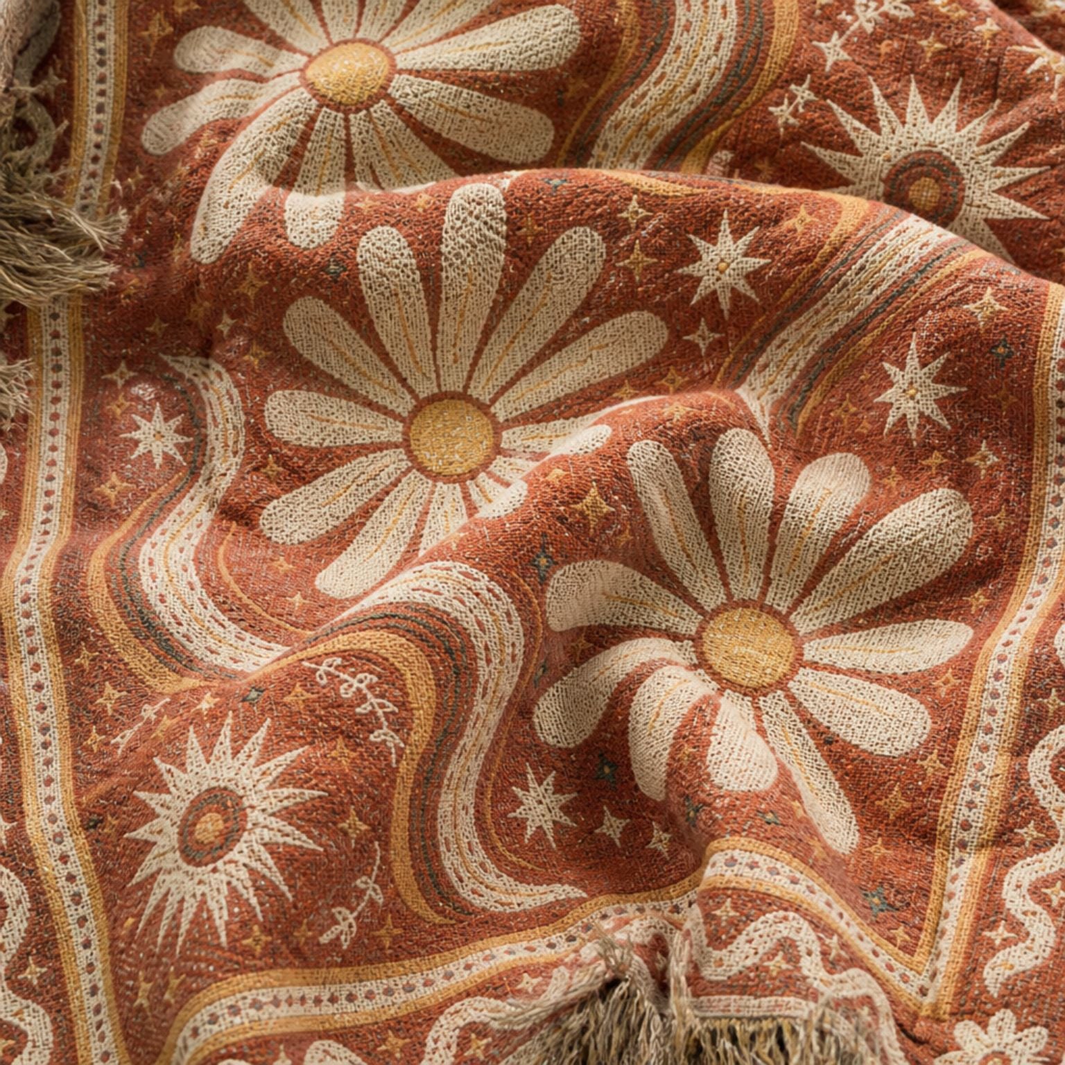 Daisy jacquard woven throw rug — rolled view with fringed edges | Solara Covers