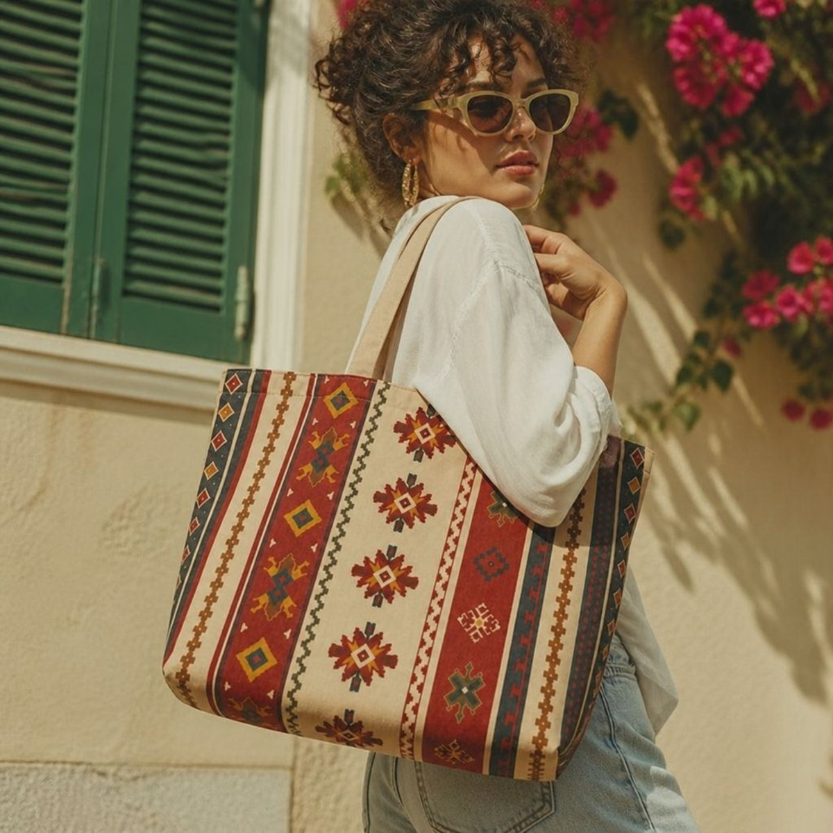 Sonora kilim tote bag over the shoulder beside blooming bougainvillea