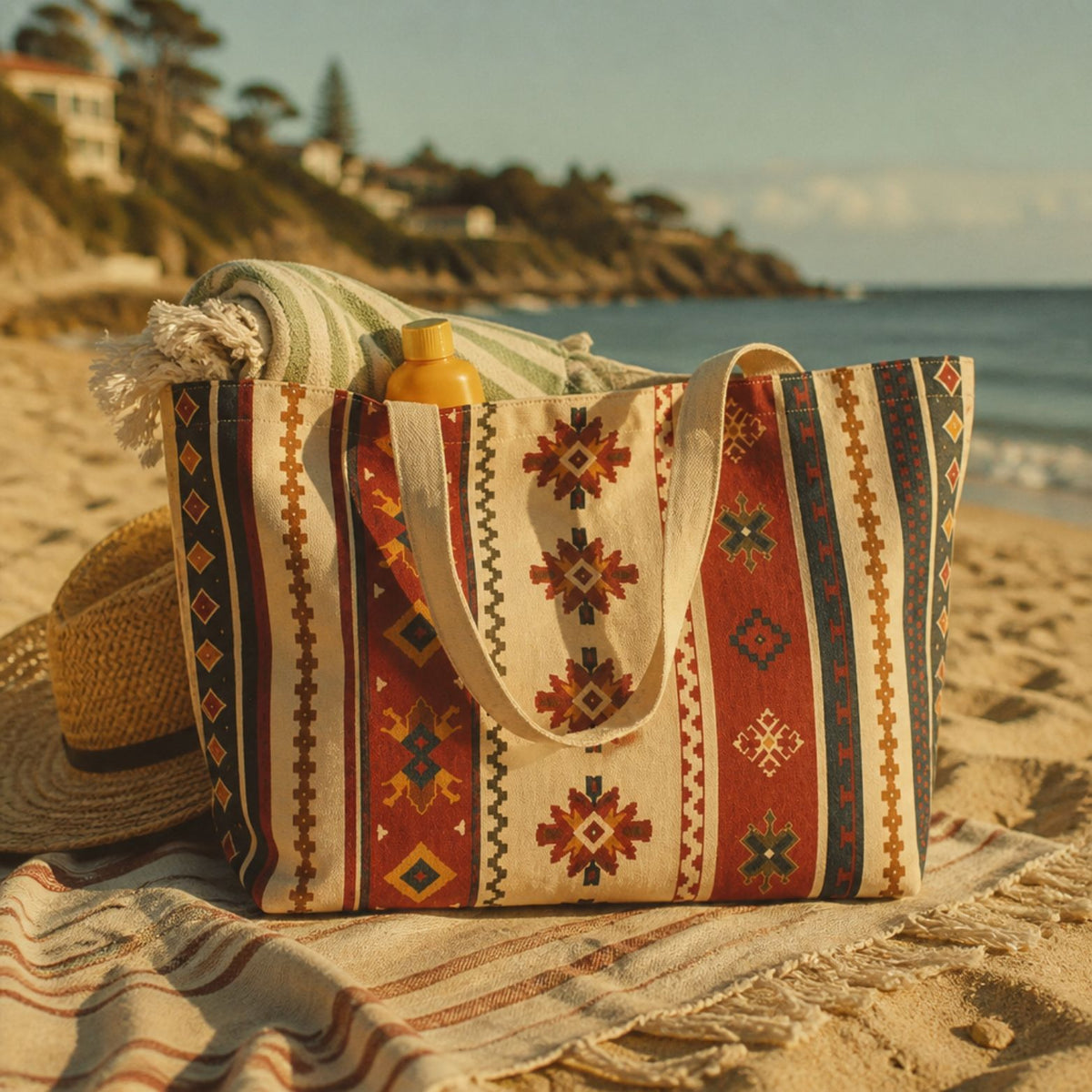 Sonora tote bag on a beach blanket packed with a towel and sunscreen
