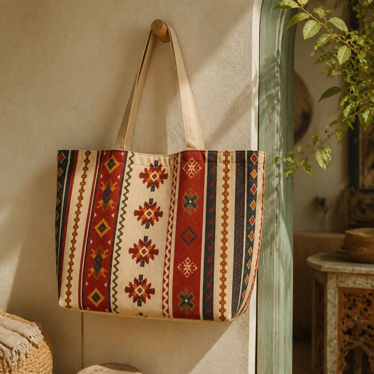 Sonora tote bag hanging on a wall hook — southwestern stripe print