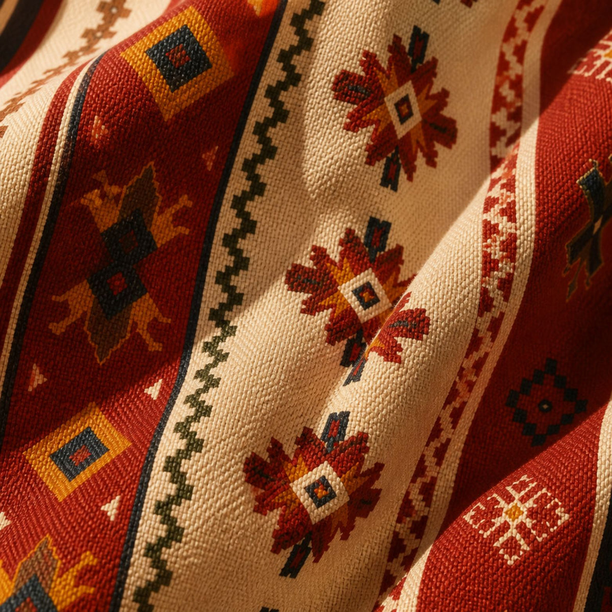 Close-up of the Sonora weave — rust and navy kilim motifs on cream canvas