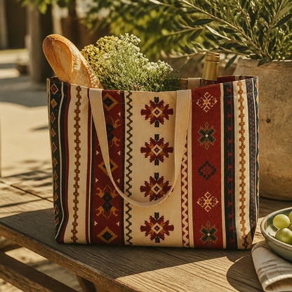 Sonora tote bag on a patio table with a baguette and wildflowers