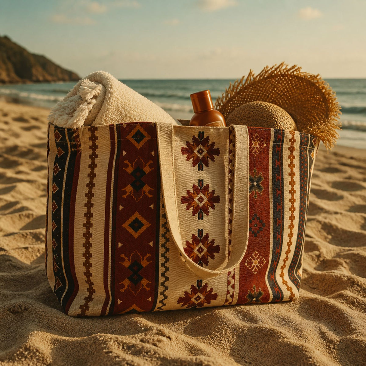 Sonora tote bag on the sand packed with a towel and straw hat