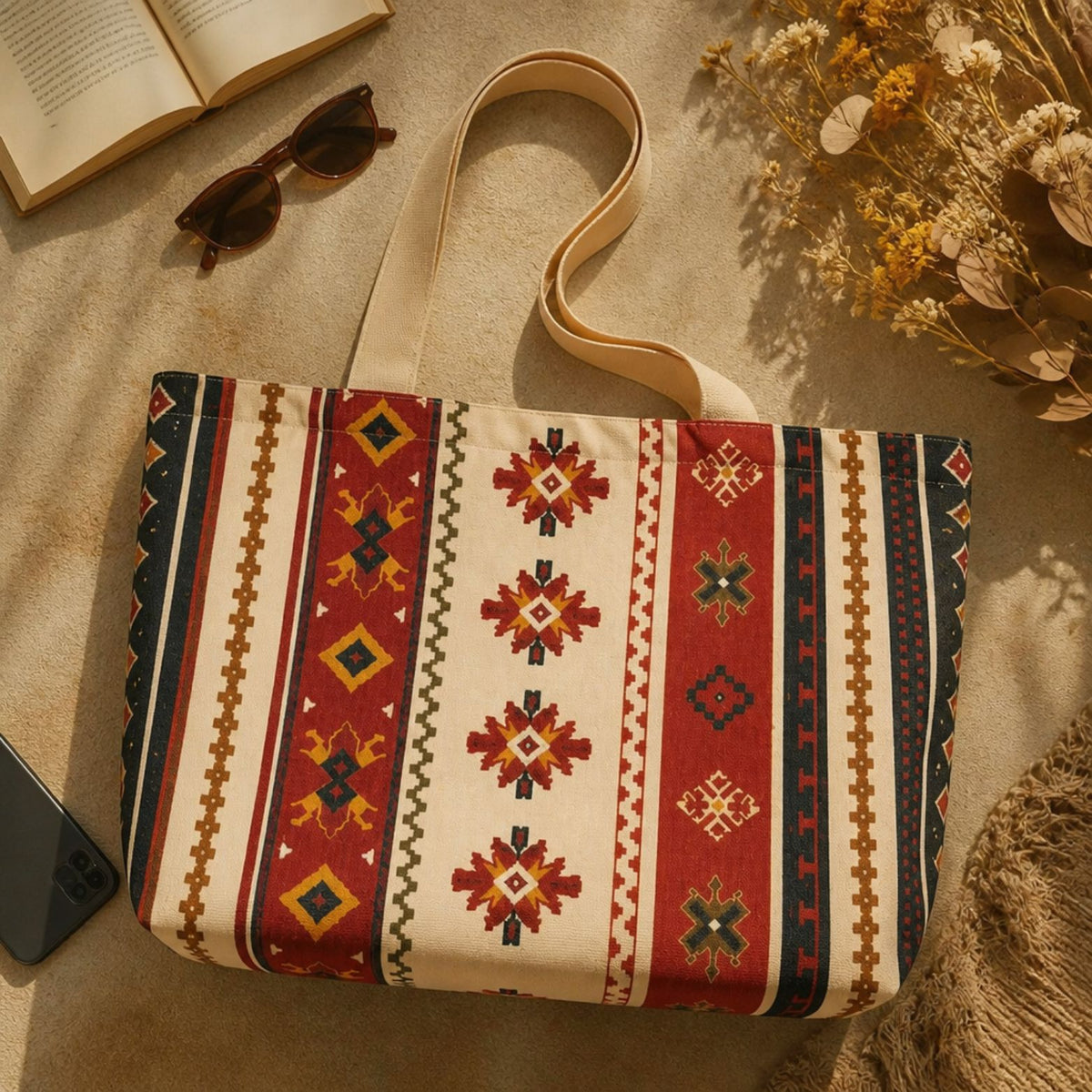 Sonora tote bag flat lay with a book and sunglasses — desert kilim stripes